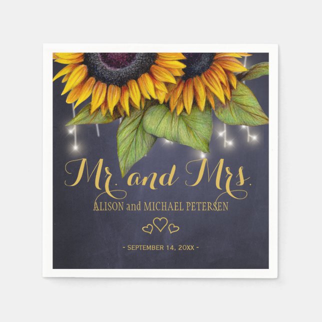 Sunflowers chalkboard mr and mrs script wedding napkins (Front)