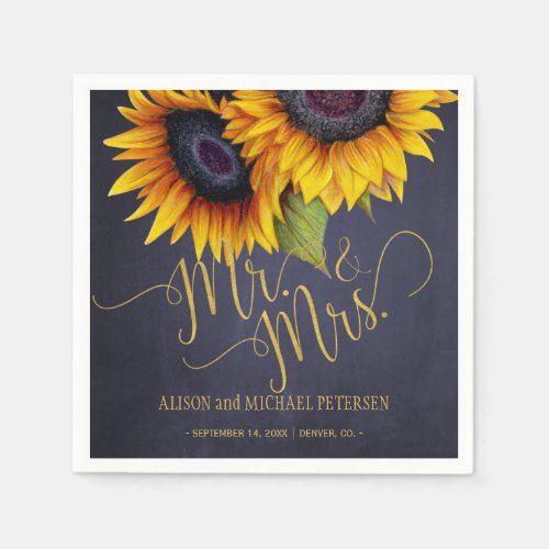 Sunflowers chalkboard mr and mrs script wedding napkins