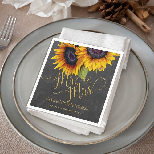 Sunflowers chalkboard mr and mrs script wedding paper napkins