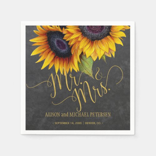 Sunflowers chalkboard mr and mrs script wedding paper napkins