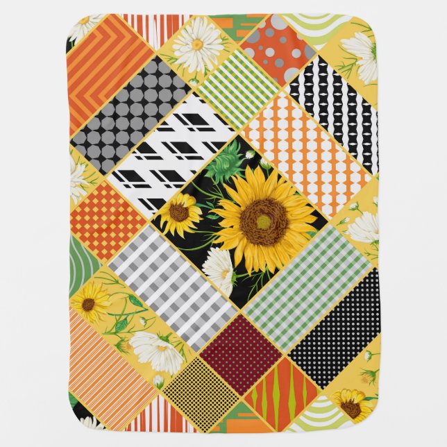 Sunflowers Chamomile, Patchwork Watercolor. Baby Blanket (Front)