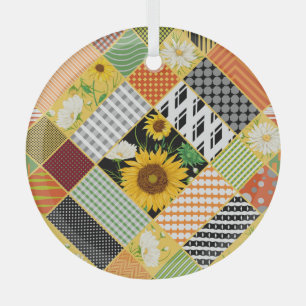Sunflowers Chamomile, Patchwork Watercolor. Glass Ornament