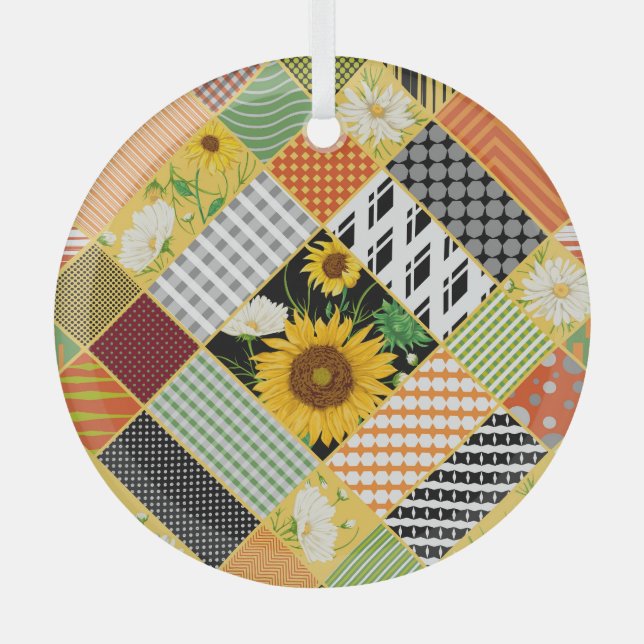 Sunflowers Chamomile, Patchwork Watercolor. Glass Ornament (Front)