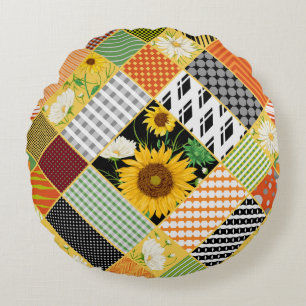 Sunflowers Chamomile, Patchwork Watercolor. Round Pillow