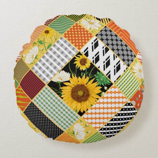 Sunflowers Chamomile, Patchwork Watercolor. Round Pillow (Front)