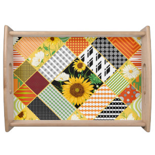 Sunflowers Chamomile, Patchwork Watercolor. Serving Tray