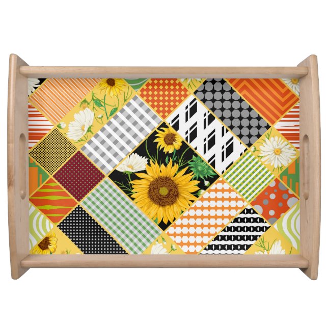 Sunflowers Chamomile, Patchwork Watercolor. Serving Tray (Front)