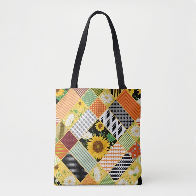 Sunflowers Chamomile, Patchwork Watercolor. Tote Bag (Front)