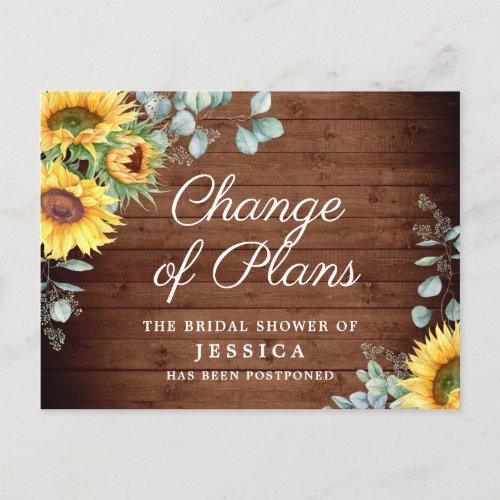 Sunflowers Change of Plans Bridal Shower Postponed Postcard