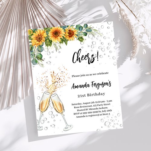 Sunflowers cheers bubbles birthday invitation