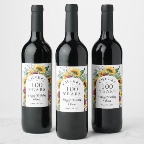 Sunflowers Cheers to 100 Years Birthday Wine Label
