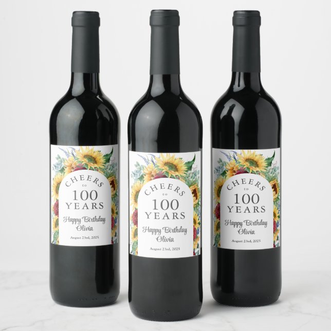 Sunflowers Cheers to 100 Years Birthday Wine Label (Bottles)