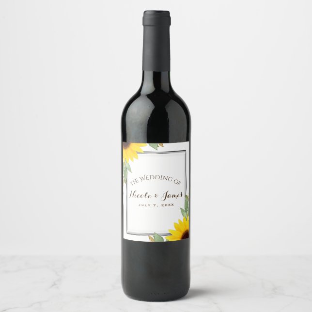 Sunflowers Chic White Bridal Shower Wedding Wine Label (Front)