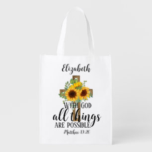 Sunflowers Christian Scripture All Things Possible Grocery Bag