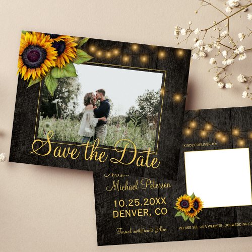 Sunflowers country barn wood save the date wedding announcement postcard