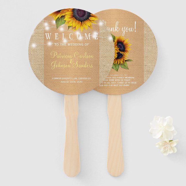 Sunflowers country burlap gold wedding favor hand fan (Front and Back)