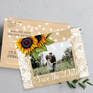 Sunflowers country burlap lace save date wedding announcement postcard