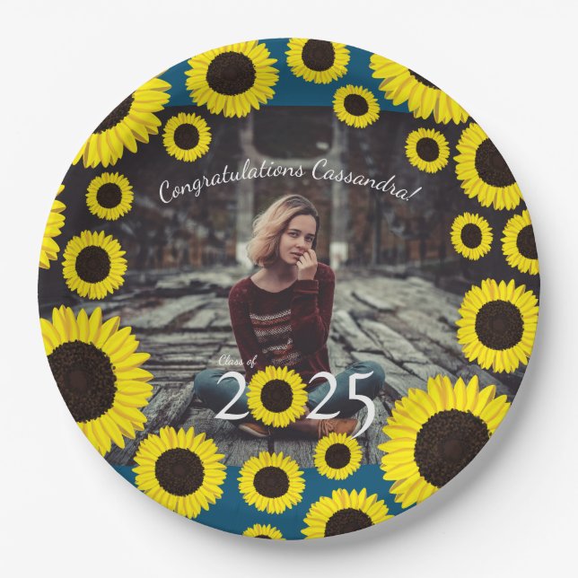 Sunflowers Country Graduation Party Blue Paper Plates (Front)
