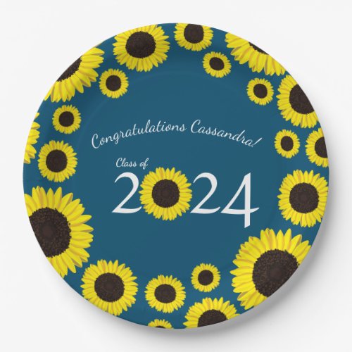 Sunflowers Country Graduation Party Blue Paper Plates