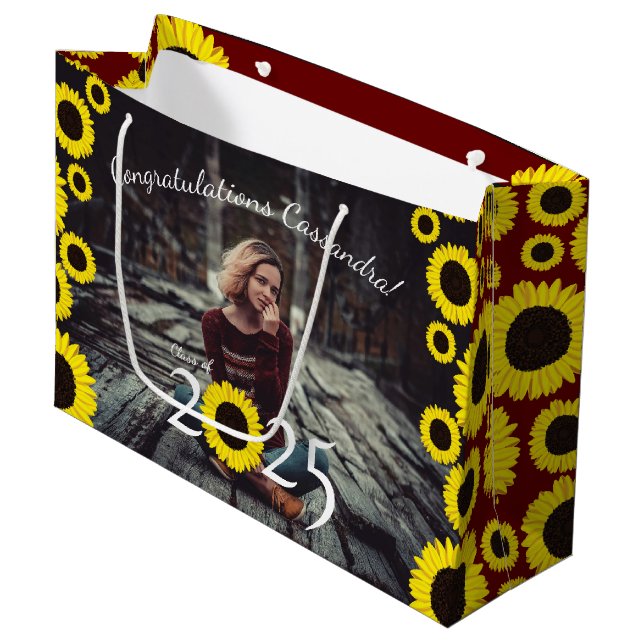 Sunflowers Country Graduation Party Maroon Large G Large Gift Bag (Front Angled)
