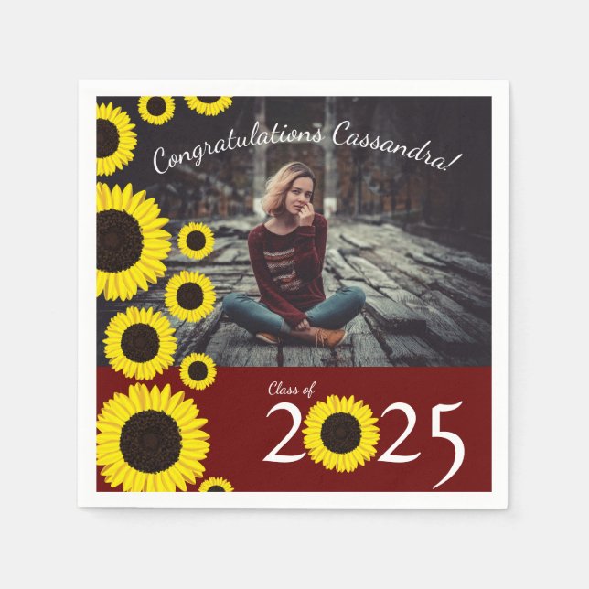 Sunflowers Country Graduation Party Maroon Napkins (Front)