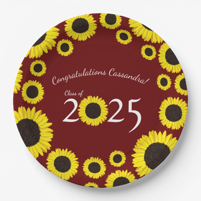 Sunflowers Country Graduation Party Maroon Paper Plates (Front)