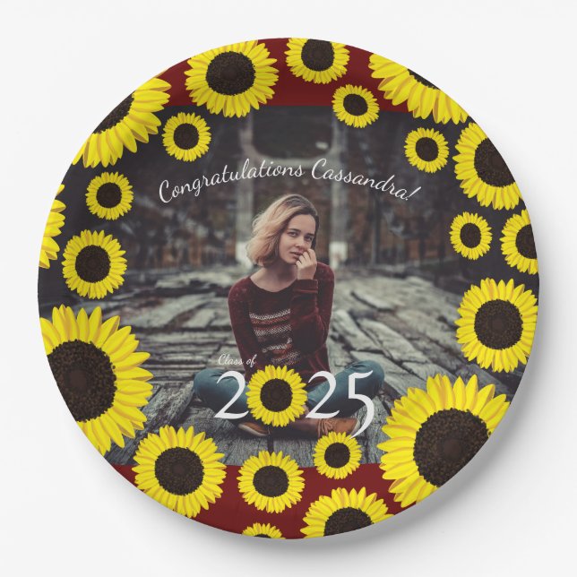 Sunflowers Country Graduation Party Portrait Paper Plates (Front)