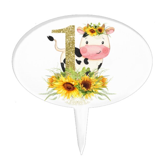 Sunflowers Cow Gold One First Birthday Cake Topper (Front)