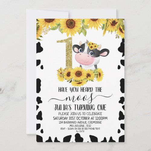 Sunflowers Cow Print Gold Glitter One 1st Birthday Invitation