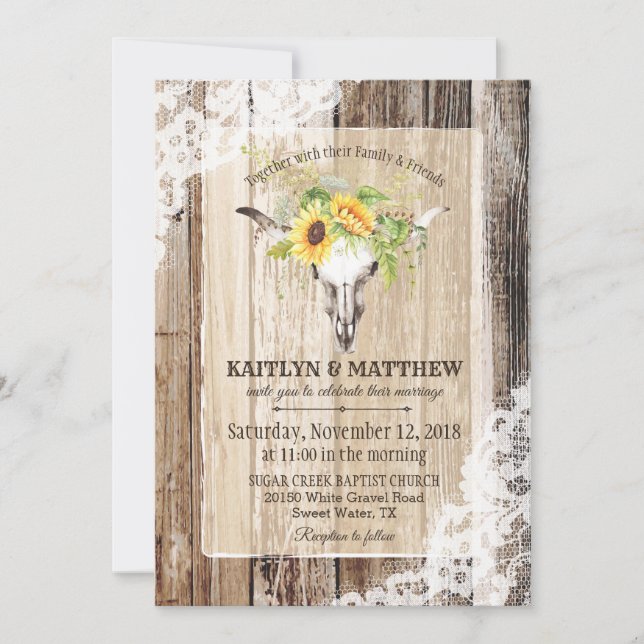 Sunflowers Cow Skull Barn Wood Rustic Wedding Invitation (Front)