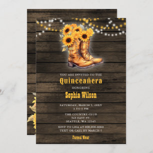 Sunflowers Cowboy Boots Barn Wood Quinceañera Invitation