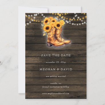 Sunflowers Cowboy Boots Barn Wood Save The Date Announcement