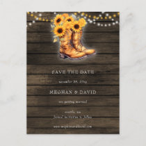 Sunflowers Cowboy Boots Barn Wood Save The Date Postcard