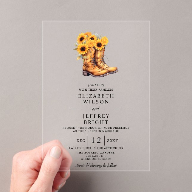 Sunflowers Cowboy Boots Barn Wood Western Wedding Acrylic Invitations (Insitu (Handheld))
