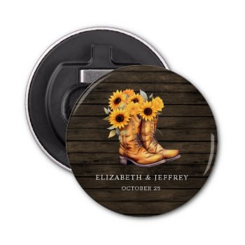 Sunflowers Cowboy Boots Barn Wood Western Wedding Bottle Opener by blessedwedding at Zazzle