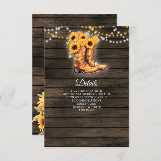 Sunflowers Cowboy Boots Barn Wood Western Wedding Enclosure Card (Front/Back)