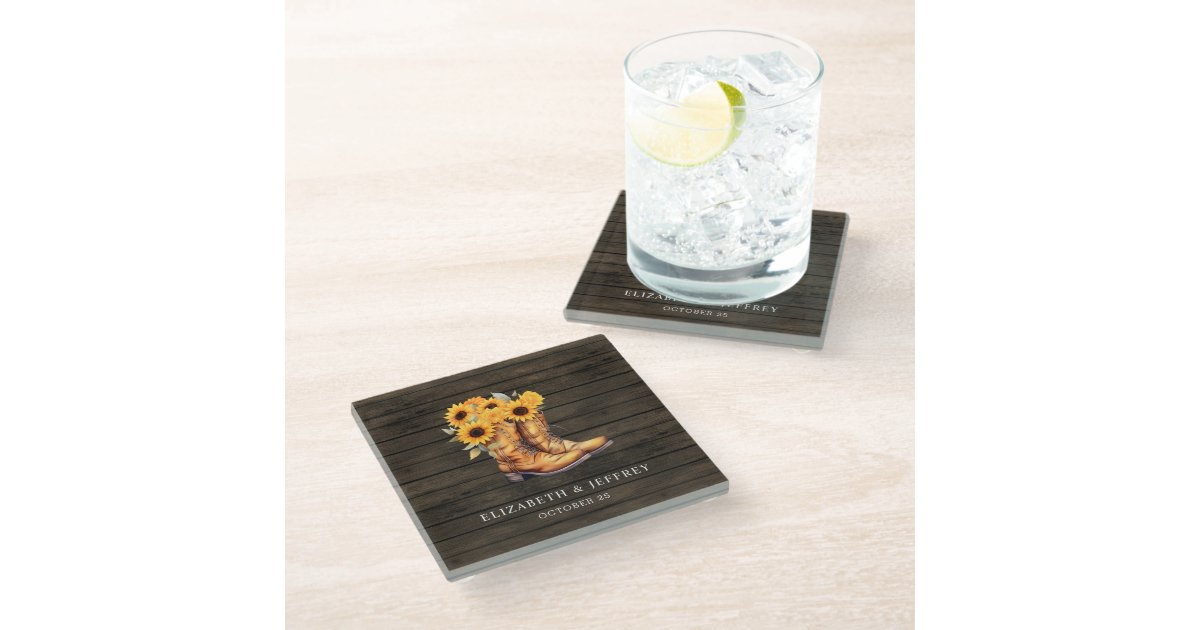 Sunflowers Cowboy Boots Barn Wood Western Wedding Glass Coaster | Zazzle