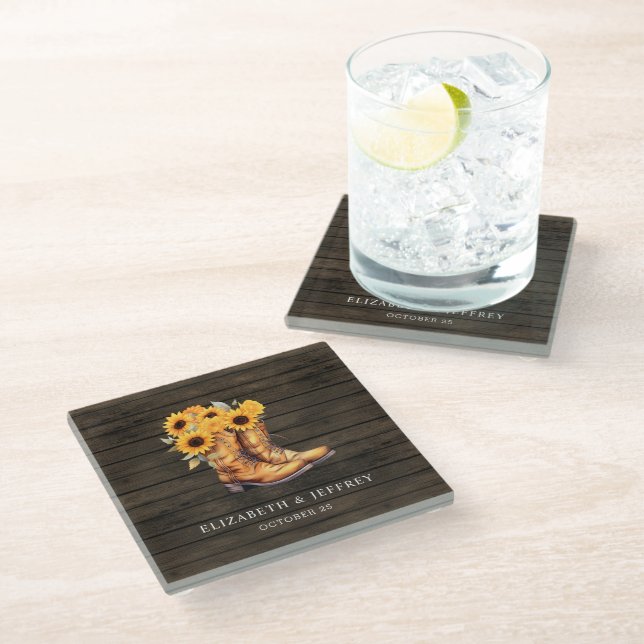 Sunflowers Cowboy Boots Barn Wood Western Wedding Glass Coaster (Angled)