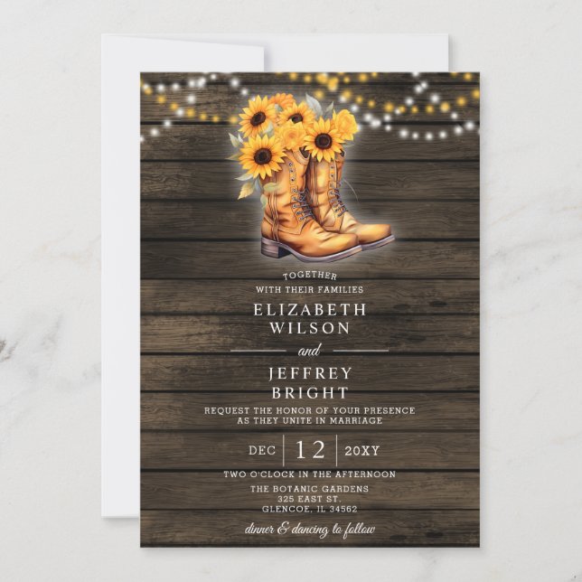Sunflowers Cowboy Boots Barn Wood Western Wedding Invitation (Front)