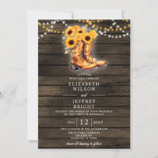 Sunflowers Cowboy Boots Barn Wood Western Wedding Invitation
