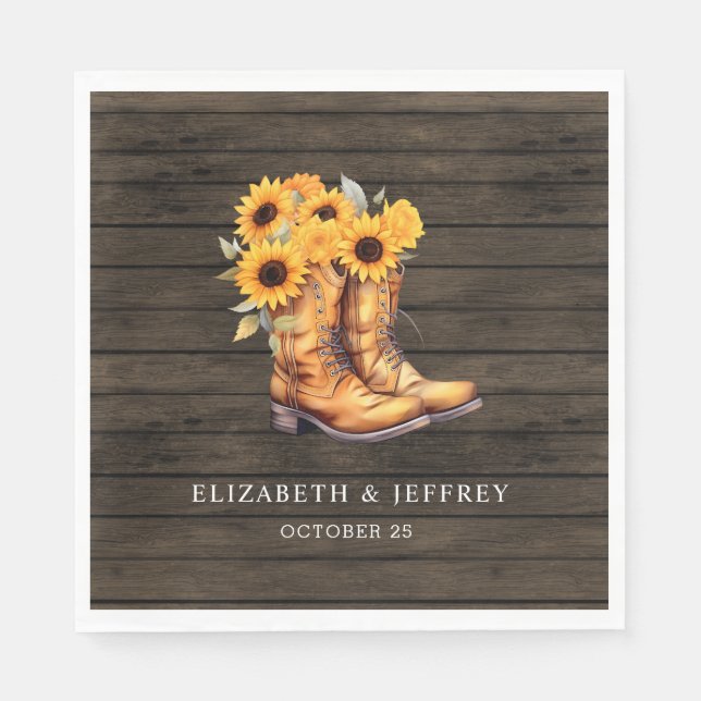 Sunflowers Cowboy Boots Barn Wood Western Wedding Napkins (Front)