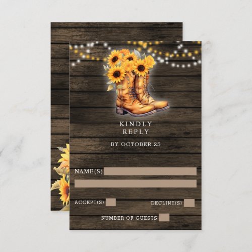 Sunflowers Cowboy Boots Barn Wood Western Wedding  RSVP Card