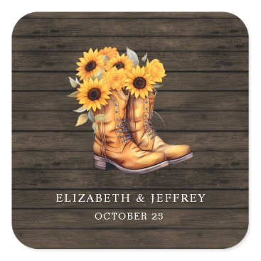 Sunflowers Cowboy Boots Barn Wood Western Wedding Square Sticker