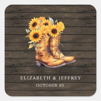 Sunflowers Cowboy Boots Barn Wood Western Wedding Square Sticker
