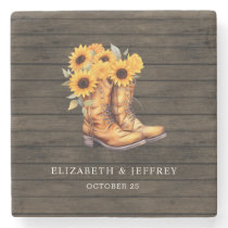 Sunflowers Cowboy Boots Barn Wood Western Wedding Stone Coaster