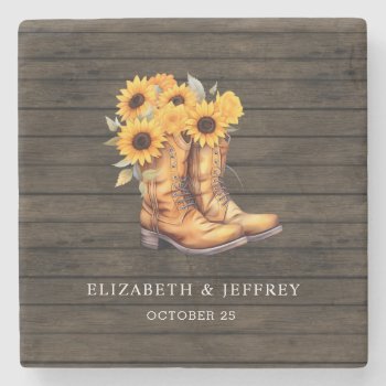 Sunflowers Cowboy Boots Barn Wood Western Wedding Stone Coaster by blessedwedding at Zazzle