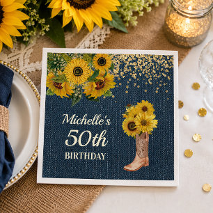 Sunflowers Cowboy Boots Blue Denim 50th Birthday Napkins