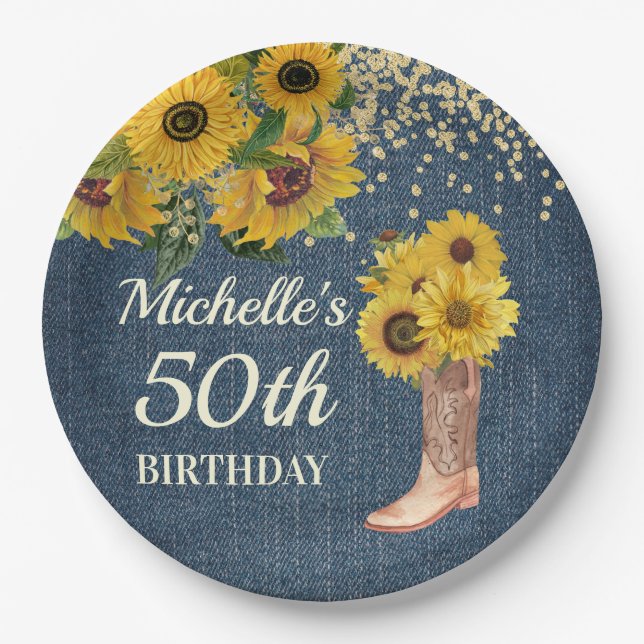 Sunflowers Cowboy Boots Blue Denim 50th Birthday Paper Plates (Front)