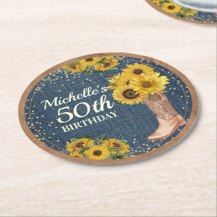 Sunflowers Cowboy Boots Denim Kraft 50th Birthday Round Paper Coaster
