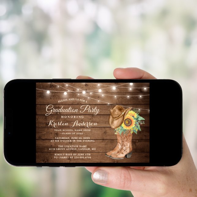 Sunflowers Cowgirl Boots 3 Photos Graduation Party Invitation (Front Digital)